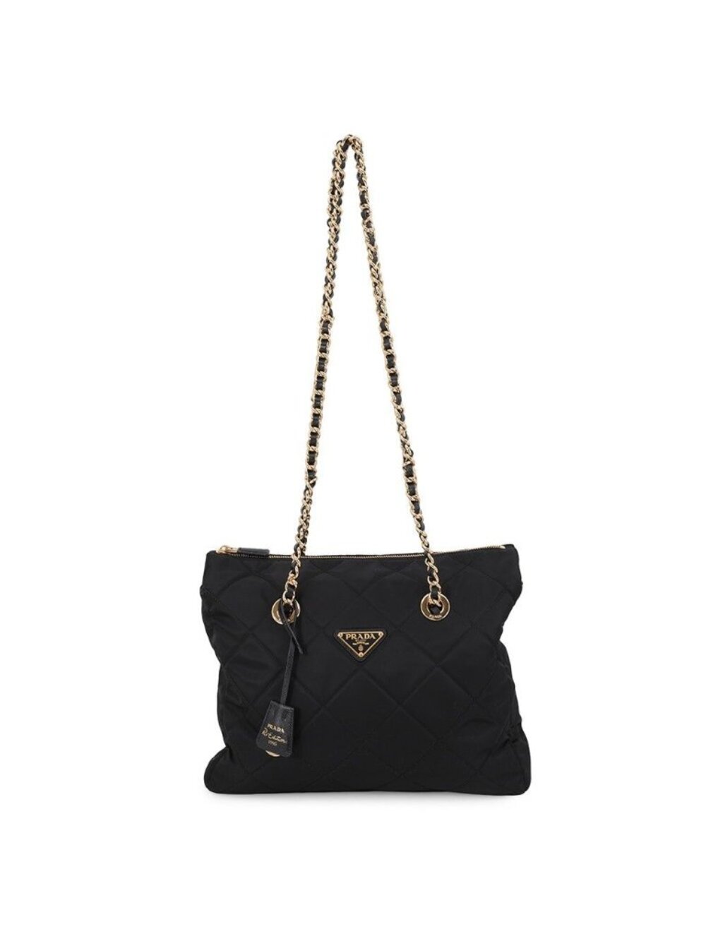 Prada Tote Bag Re Edition Chain Shoulder Nylon Saffiano Leather Black